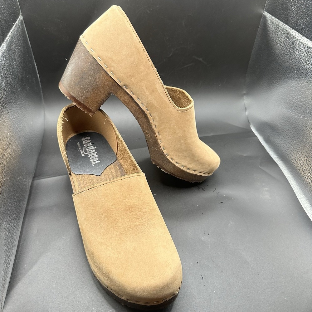 Sandgrens Brett Low Closed Back Swedish Wooden Clogs Tan Nubuck Leather 42 US 11